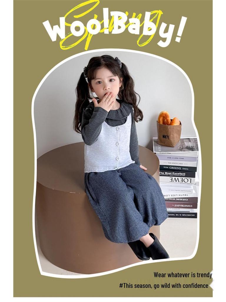 Autumn 2025 Girls' Trendy Long-sleeve Wide-leg Pants 3-piece Set