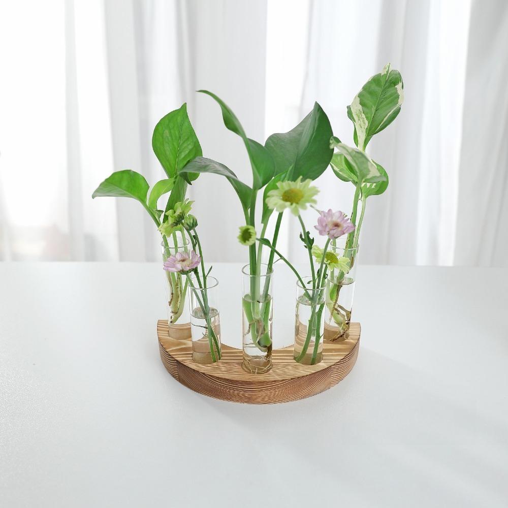 Creative Simplicity Solid Wood Row of Test Tube Vases Wooden Stand Hydroponic Vase Transparent Test Tube Shape for Home Decor