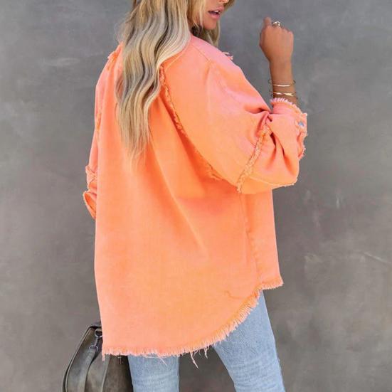 Giacca da donna in denim Colletto rovesciato Distress Orlo con frange Bottone Tasca grande Lavato Tinta unita Cappotto oversize da donna di media lunghezza oversize Lavato