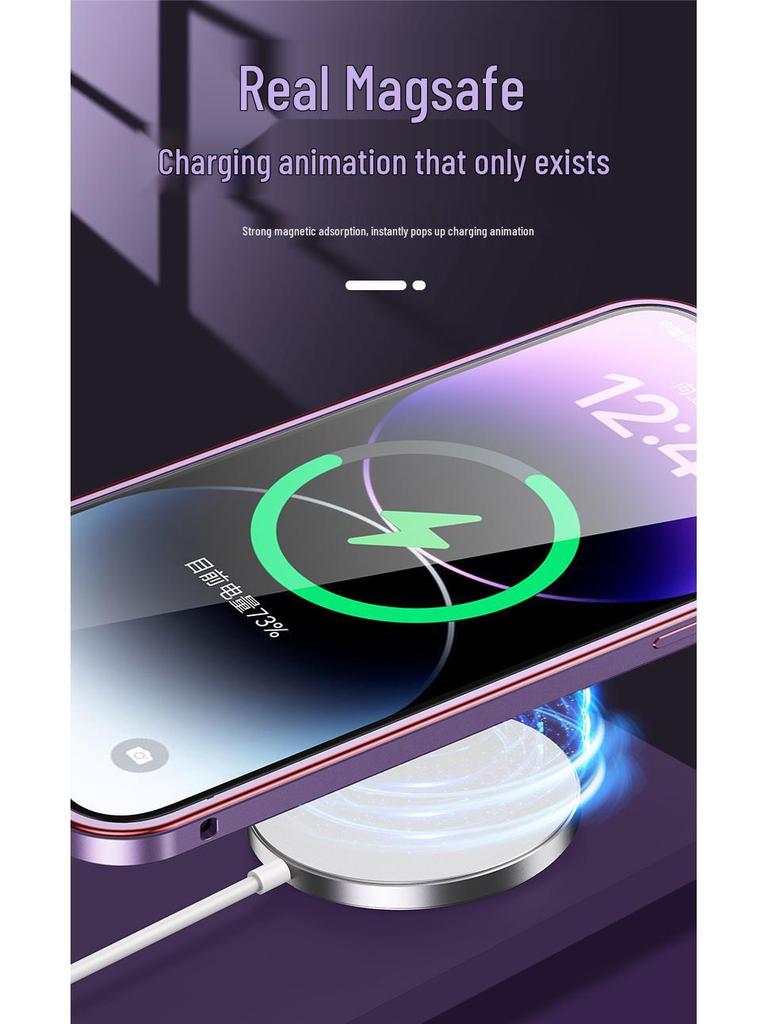 Cross13 Magnetic Metal Frame Phone Case with Lens Protection for Apple 14 - Drop-proof, Frosted, Semi-transparent, Creative Design.