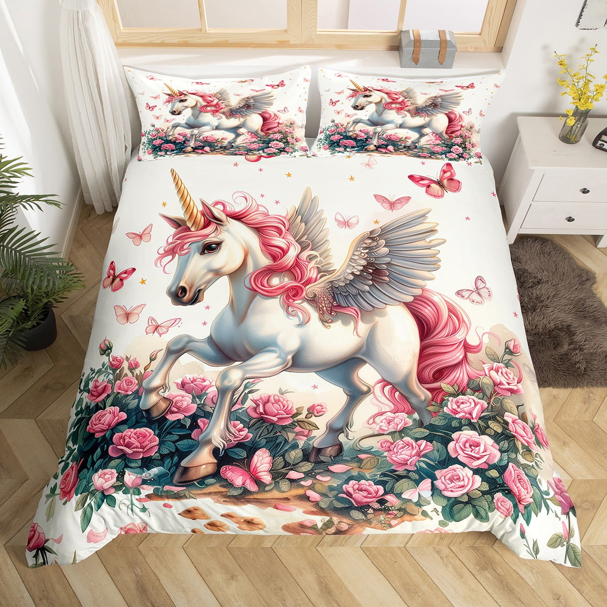

Unicorn Quen Soft Duvet Cover,Pink Flowers Beding Set for Children Kids Young Girls Bedrom,Romantic Sparkle Galaxy Stars Warm Comforter Cover Unicorn 135*200cm Eu-Single