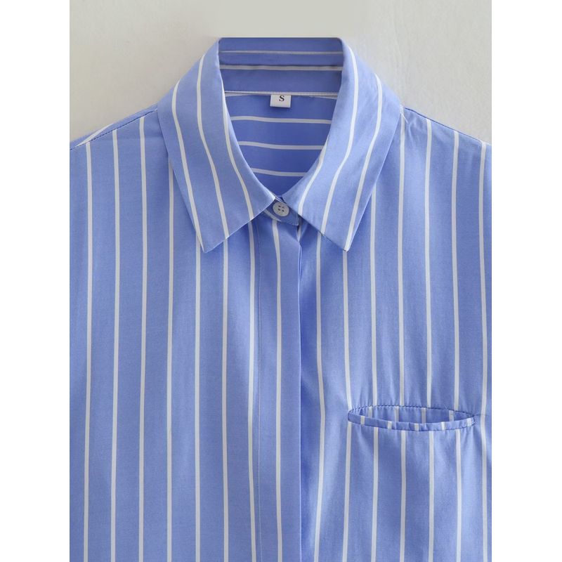 Kaslead Lapel Long Sleeves Striped Short Style Poplin