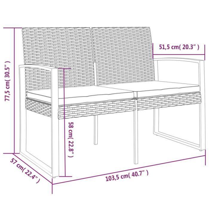 VidaXL Banc de jardin à 2 places et coussins gris foncé PP rotin 360211