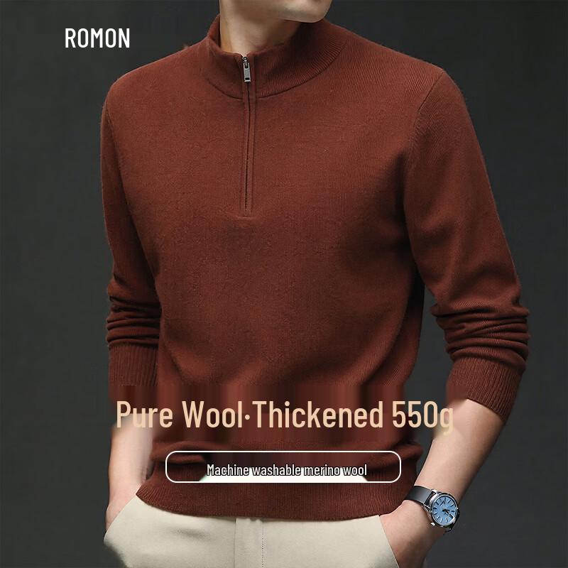 ROMON Men's Thickened Pure Wool Semi-High Collar Sweater