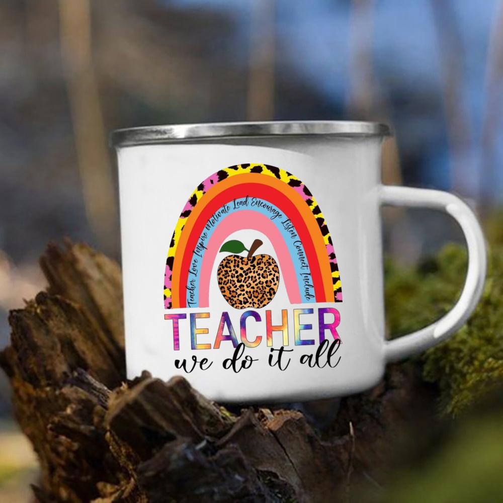 

We do it all Rainbow printed mug white enamel drink mug office conference room coffee mug retro breakfast mug teacher s day gift