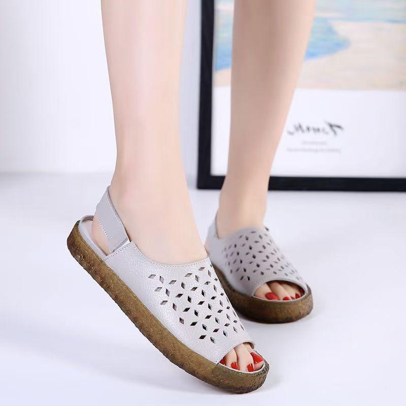Women's Real Leather Flat Sole Peep Toe Sandals Summer New Soft Sole Hollow Out Breathable Velcro Outdoor Beach Sandals