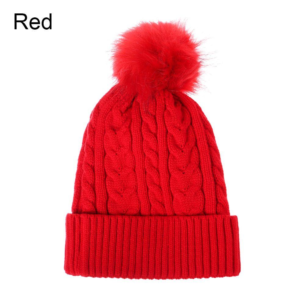 Fleece Wool Ball Warm Knitting Hat Wool Winter Hat Women Wool Winter Beanies Fox Fur Pompom Hat красный