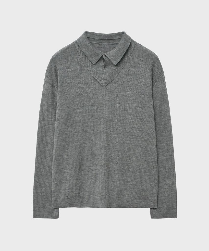 NOIRER Layered V-Neck Polo Knit (Gray)