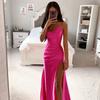 Women Satin One Shoulder Cowl Neck Maxi Dress Ruched High Slit Bodycon Slim Fit Elegant Evening Prom Party Formal Gown Multi Color