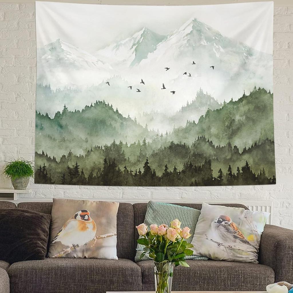 kampdream Mountain Forest Tapestry, Misty Foggy Teal Blue Tree Landscape Watercolor Art Wall Tapestries, Nature Scenery Tapestry