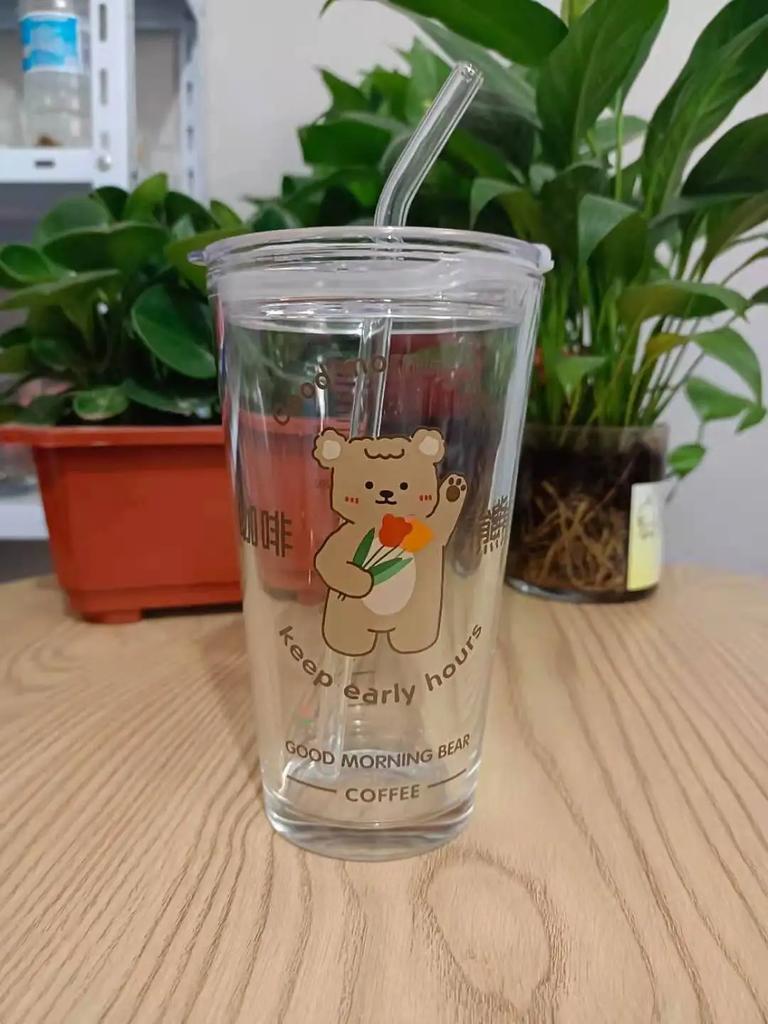 New 480ML Kawaii Glass Straw Cup with Cover Cartoon Water Cup Drinkware Juice Tea Coffee Milk Cup Glass Mugs Gift
