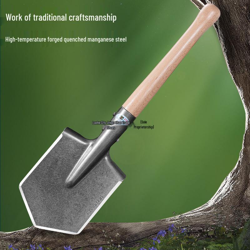 6B Multi-functional Entrenching Tool: Manganese Steel Large Combat Shovel with Wooden Handle, Vehicle-Mounted, Portable for Fishing and Outdoor Use.