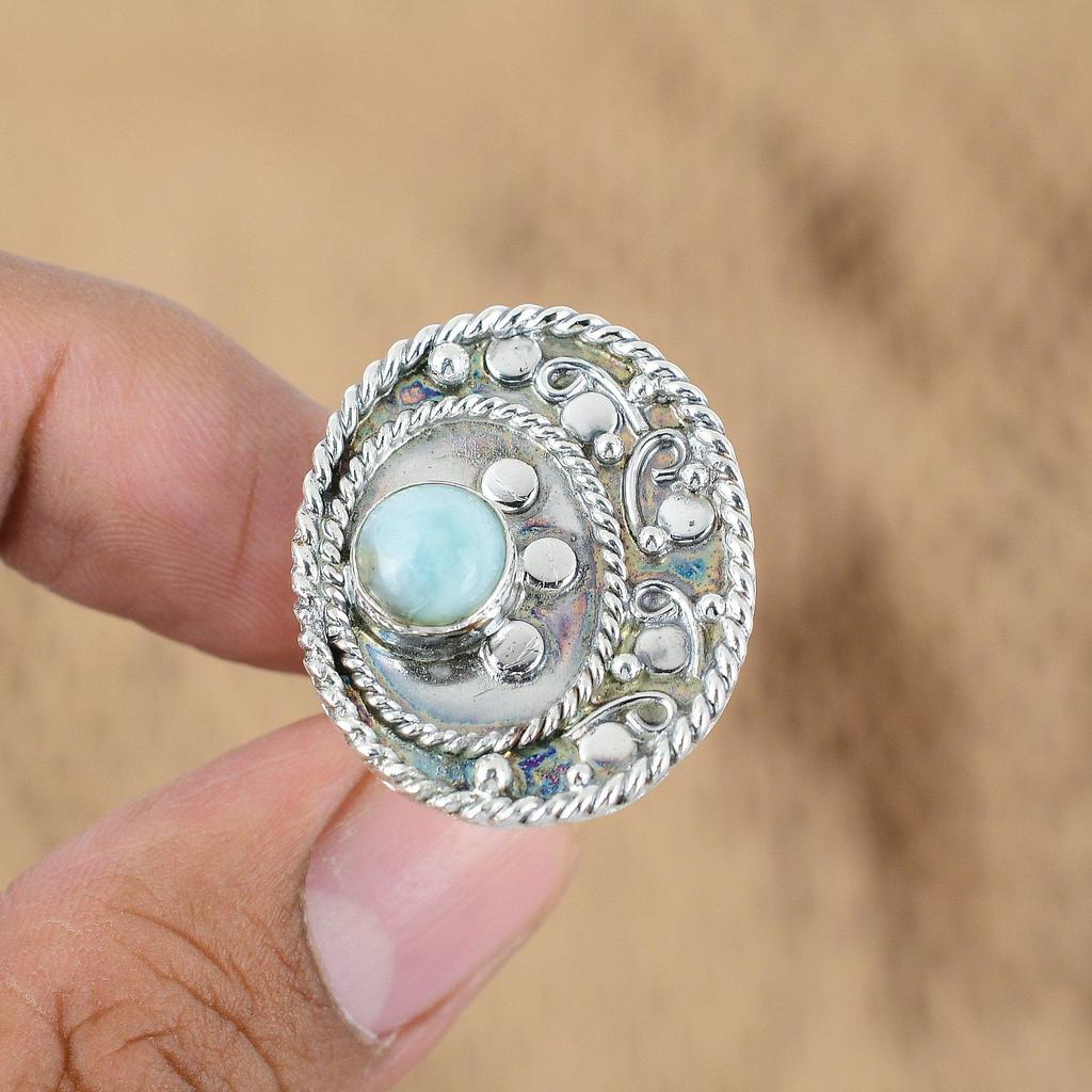 Birthday Gift For Her Natural Larimar Multi Stone Adjustable Ring 925 Silver