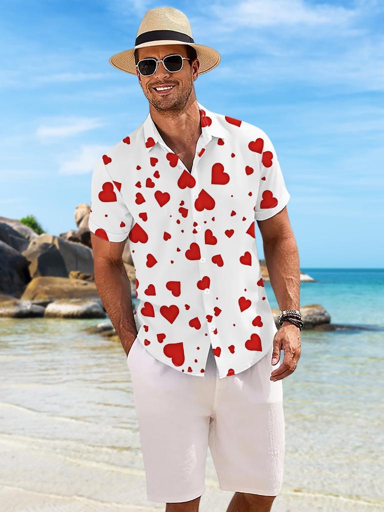 New Men's Casual Short-Sleeve Shirt with White Base and Red Hearts of Various Sizes, Versatile Top for Holiday Parties and Commuting, Machine-Washable