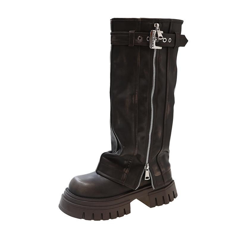 Platform Knee High Boots for Women's Punk Belt Buckle Square Toe Side Zipper Women Shoes Brown Tall Tube Retro Knight Boots
