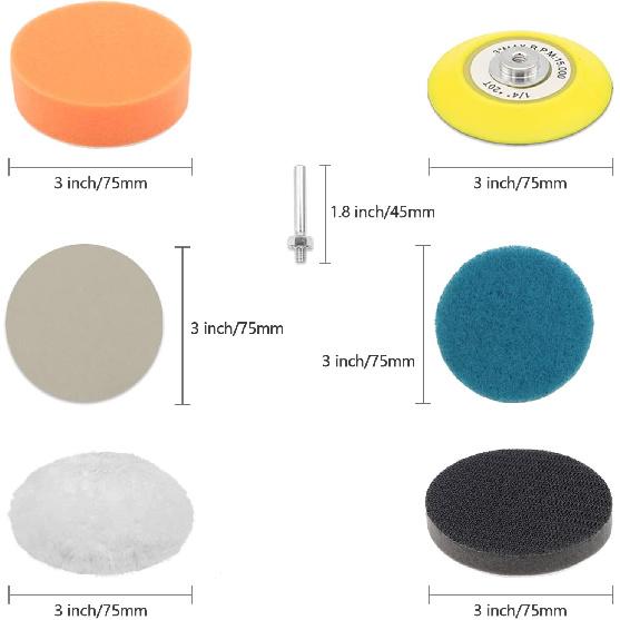 VIBRATITE Car Headlight Restoration Kit, 3 Inch Car Polishing Sanding Discs With 1/4 Inch Shank Backing Pad, Scouring Pads, Buffing Sponge Pads, Soft