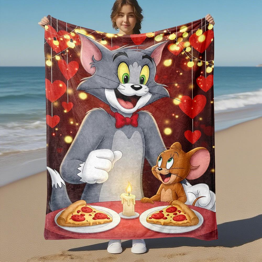 1pc Tom and Jerry pizzaOutdoor Flannel Blanket Soft Plush Decor for Picnics, camping,Bedroom, Playroom, or Lunch Breakn1129A
