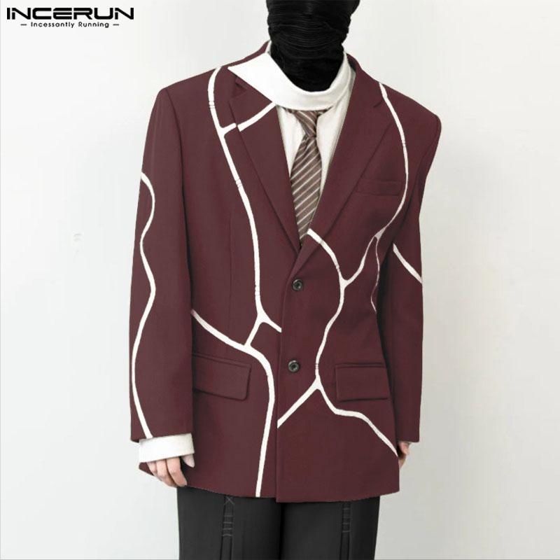 INCERUN Spring Autumn Men Lapel Neck Long Sleeve Button Print Thin Blazer Coats