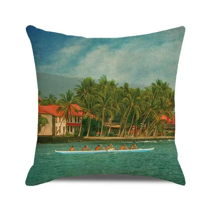 45x45 Cm Blue Ocean Style Square Cushion Cover Beach Coconut Grove Sunset Scenery Print Pillowcase Home Decor Pillow Cover