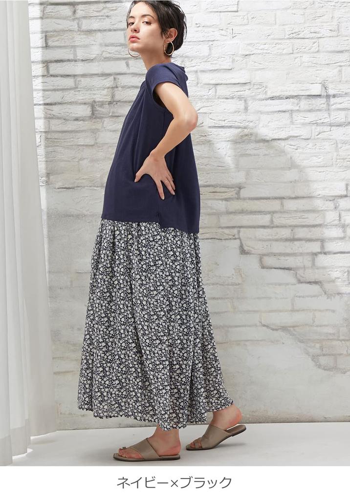 Maternity Nursing Clothes One Piece Coordination Easy Ribbed Floral Skirt Docking Long Short Sleeve One Piece Navy x Black 29992601 [ANGELIEBE]