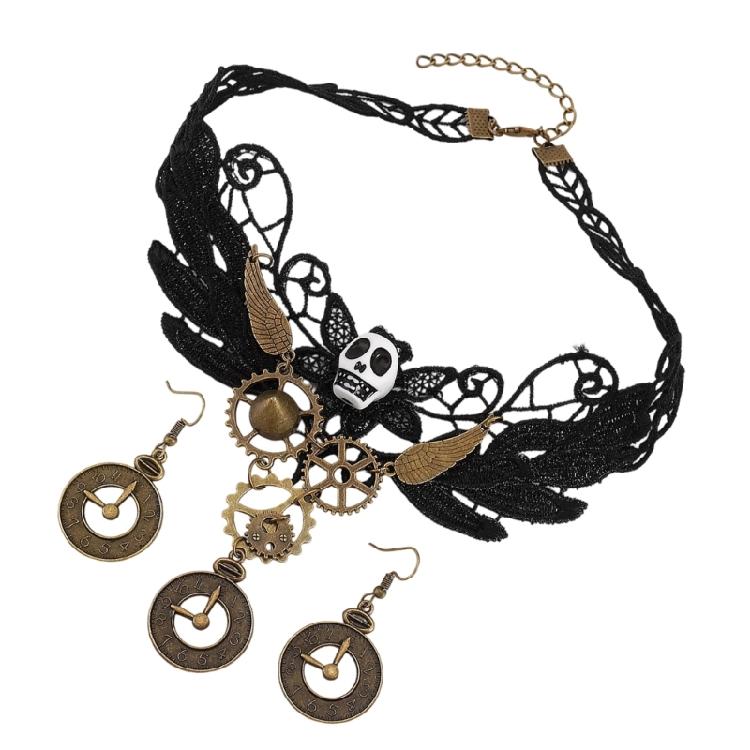 Gotisches Vampir Schmuckset Spitze Choker Halskette Zahnrad Uhr Ohrringe Halloween Piraten Kostüm Zubehör Set für Damen
