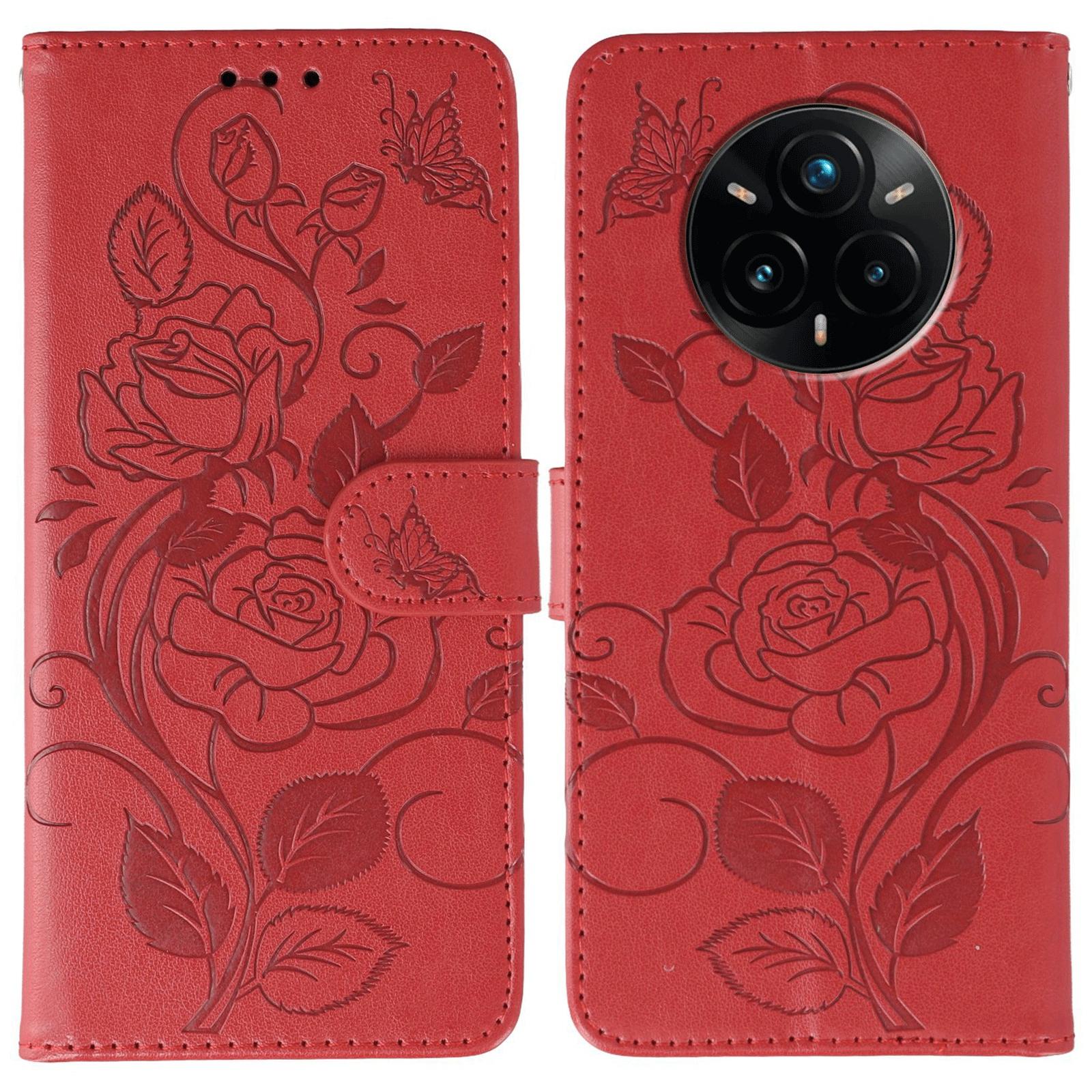 

For Realme 14 Pro+ 5G Case Wallet Stand Imprinted Rose Butterfly PU Leather Phone Cover Red