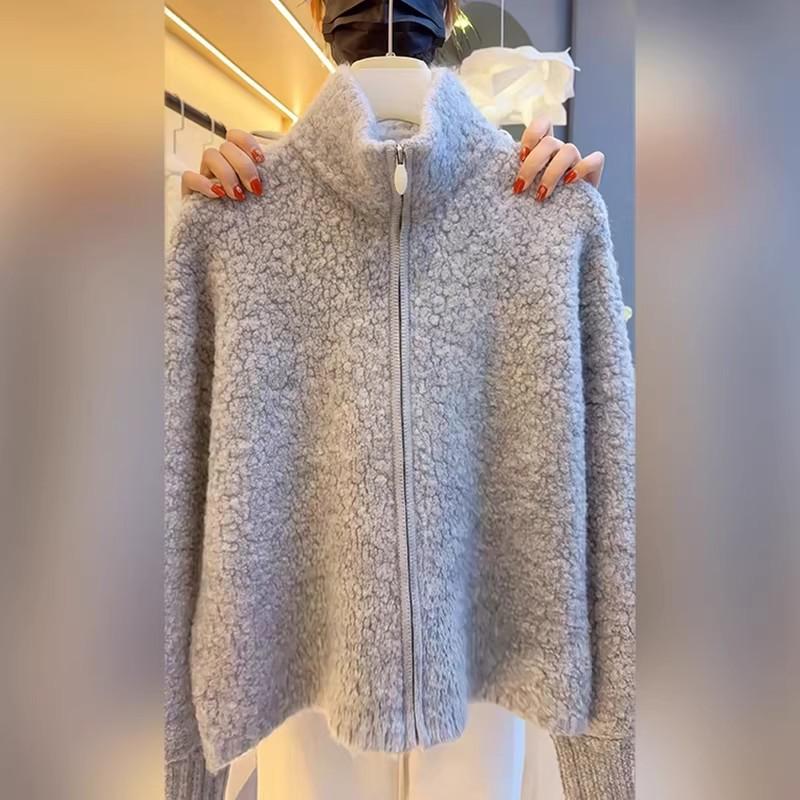 Women's Petite Korean Style Granular Texture Knit Cardigan - Autumn/Winter Versatile Fluffy Stand Collar Jacket