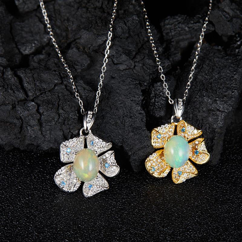 Xiaohongshu Earrings Flower Pendant S925 Sterling Silver Inlaid Natural Opal Gemstone Necklace Women'S Jewelry