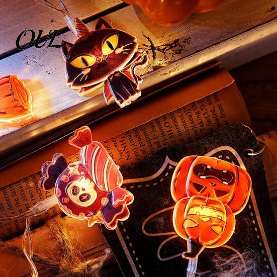 Portable LED Lights for Garden Balcony Halloween String Lights, Pumpkin Ghost Spider Battery Operated Fairy Spooky Black Cat Light Decorations Party,