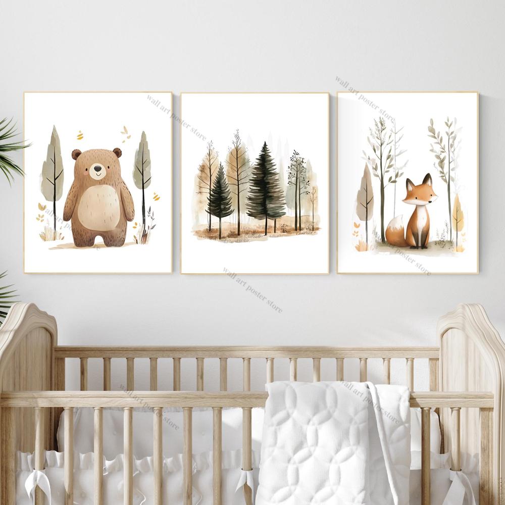 Woodland Nursery Wall Art Poster Bear Fox Forest Prints Neutral Baby Room Decor Watercolor Woodland Animal Print Canvas Painting