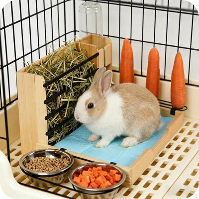 Wooden Hay Feeder Food Dispenser Premium Easy To Clean Water Bottle Guinea Pig Holder with Bowls