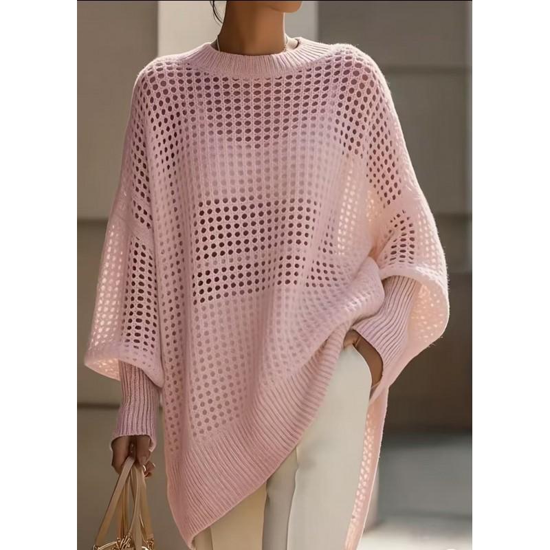 Oversized 2026 Knit Sweater Women Loose Fit Crochet Cutout Top Long Sleeve Round Neck Casual Pullover