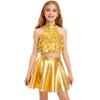 Kids Girls Stage Performance Set: Shiny Sequin Tiered Backless Crop Top & Metallic Ruffled Skirt for Dance Shows