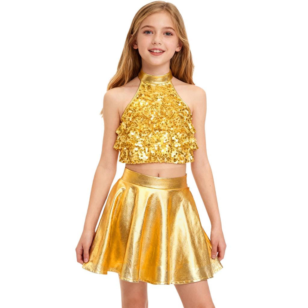 Kids Girls Stage Performance Set: Shiny Sequin Tiered Backless Crop Top & Metallic Ruffled Skirt for Dance Shows
