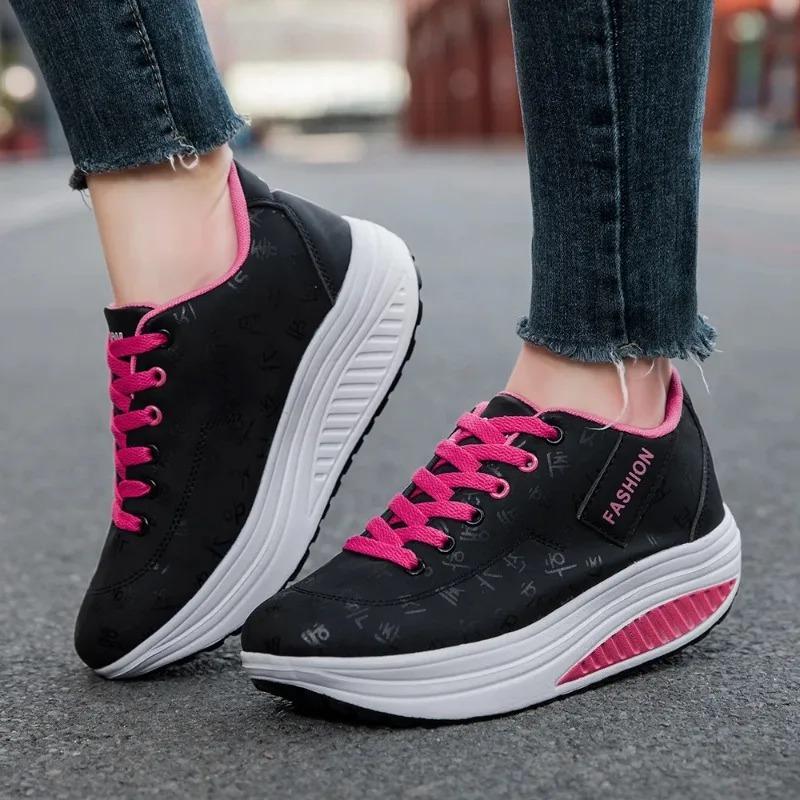 Women Casual Sports Shoes Breathable Comfortable Wedge Heel Thick Sole Sneakers Lace-up Shoes