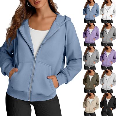Women's Fashion Winter Long Sleeve Hooded Zipper Solid Color Loose Hooded Jacket