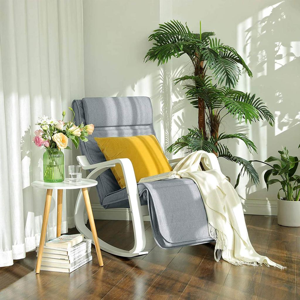 SONGMICS Rocking Chair Birch Wood Relaxing Chair Footrest Adjustable 5 Levels Faux Linen Cover Maximum Load 150 kg Living Room Bedroom Light Grey