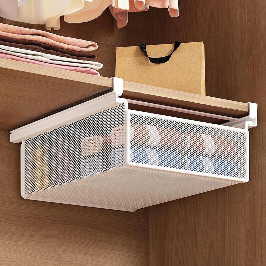 Extendable Storage Basket for under Shelves, Hanging Shelf Desks, Kitchen Tables, Bedroom