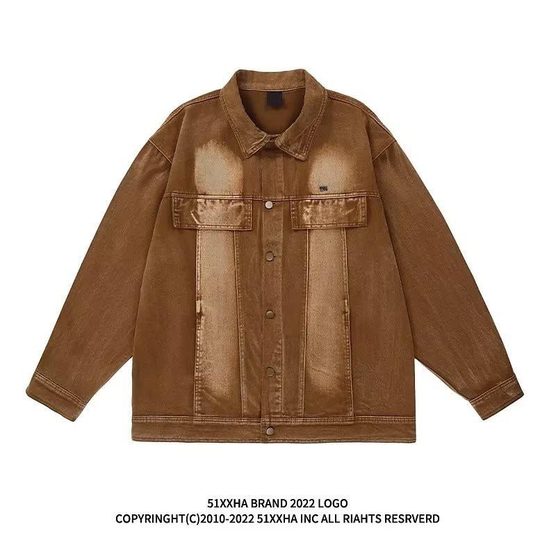 Mens Vintage Hong Kong Style Denim Jacket Gradient Tie Dye Loose Hip Hop Streetwear Outerwear