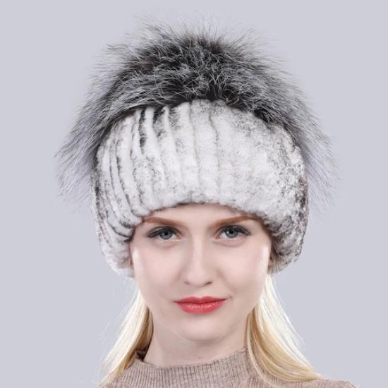 New Outdoor Good Elastic Natural Rex Rabbit Fur Hat Women Winter Knitted Real Sliver Fox Fur Cap Lady Real Fur Hats