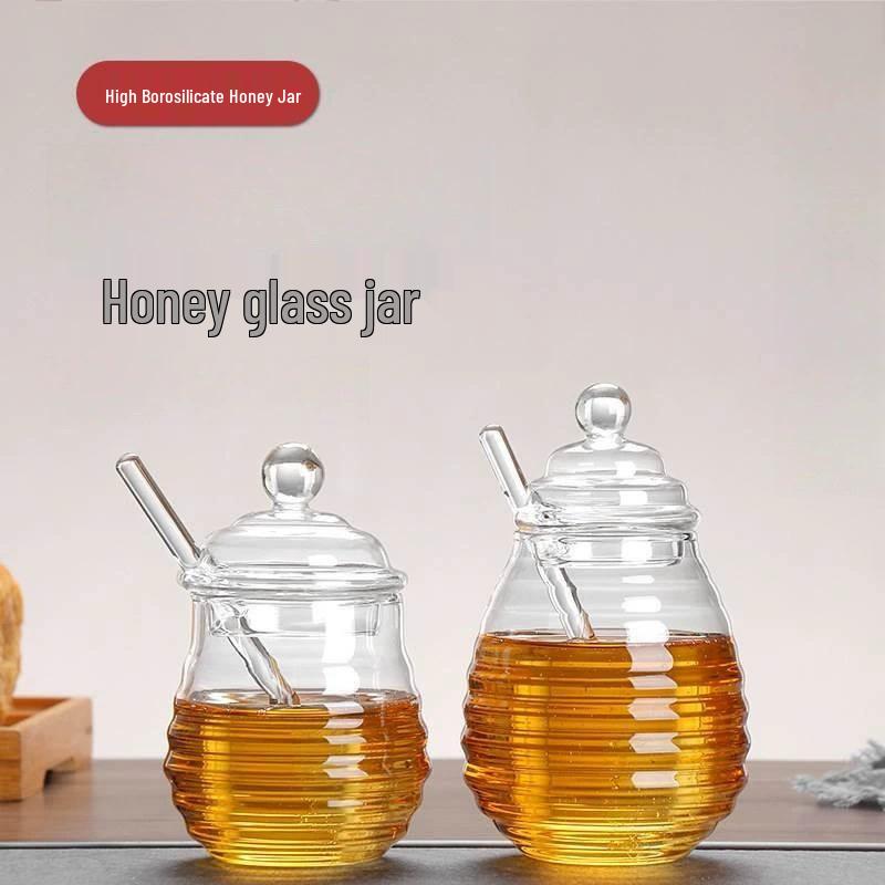 Honigglas aus hochborosilikatglas mit Rührstab - Transparenter Sirup- und Marmeladenbehälter