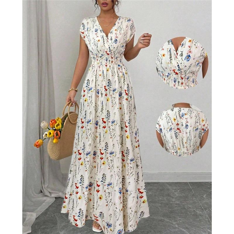 Women's Casual Floral Short-Sleeve Tie-Front V-Neck Fitted Dress for Summer