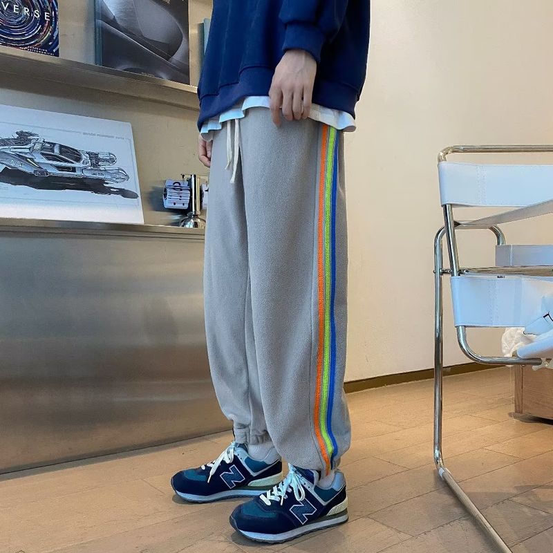 Rainbow-Striped Side Sweatpants Spring and Autumn Side Rainbow Bar Elastic Waist Patchwork Sweatpants