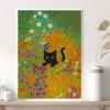 Vintage Klimt Inspired Black Cat Colorful Field of Flowers Illustration Poster Canvas  Wall Art Pictures Home Decor