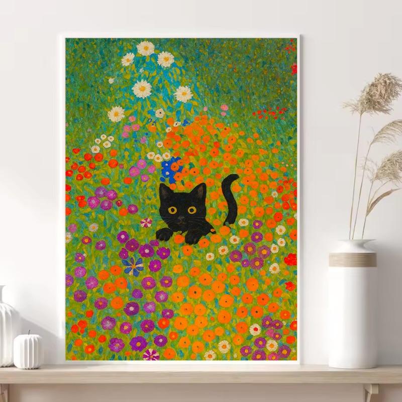 Vintage Klimt Inspired Black Cat Colorful Field of Flowers Illustration Poster Canvas Wall Art Pictures Home Decor