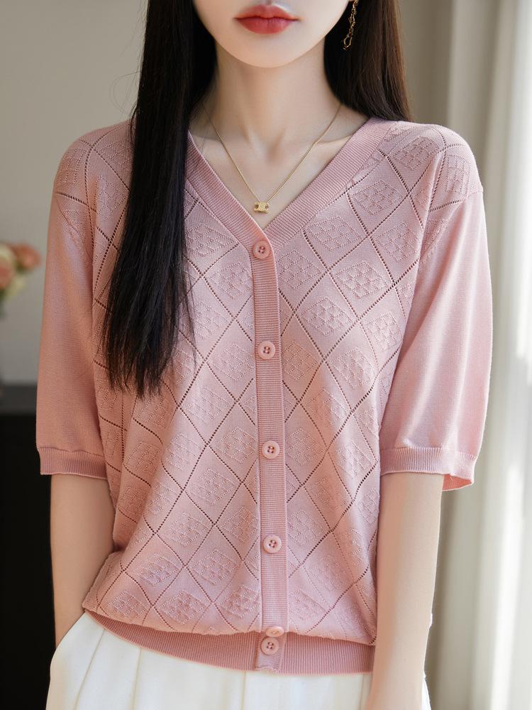 2025 V-neck Tencel Women's Casual Slimming Short-sleeved Top
