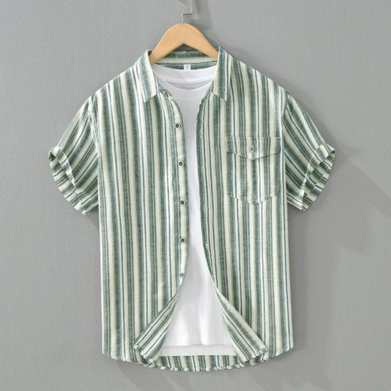 Color-matching Striped Linen Short-sleeved Men's Shirt Summer Fashion Casual Square Collar Loose Cotton and Linen Blouse
