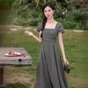 Summer New Gray-green Slim Temperament Dress Women's Square Collar Waist Dress Monet Garden