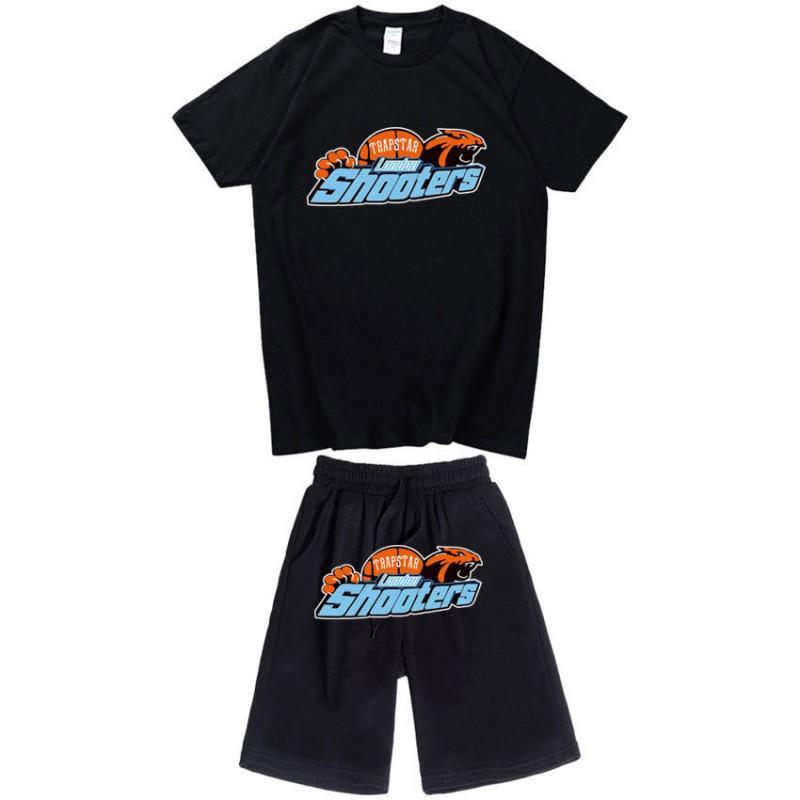 Mens Casual Sport Shorts Set With Tiger Head Print Cotton Blend Tee Straight Fit Mid-Length Pants