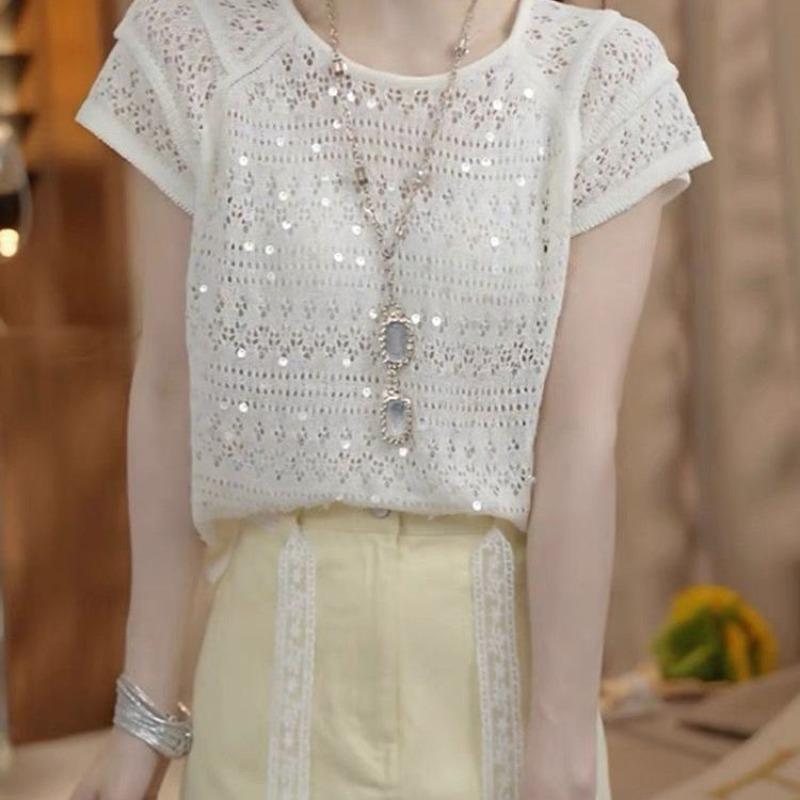 Summer new loose and thin short-sleeved top fashionable hollow round neck sequined knitted sweater women s recommended 40kg~47.5kg